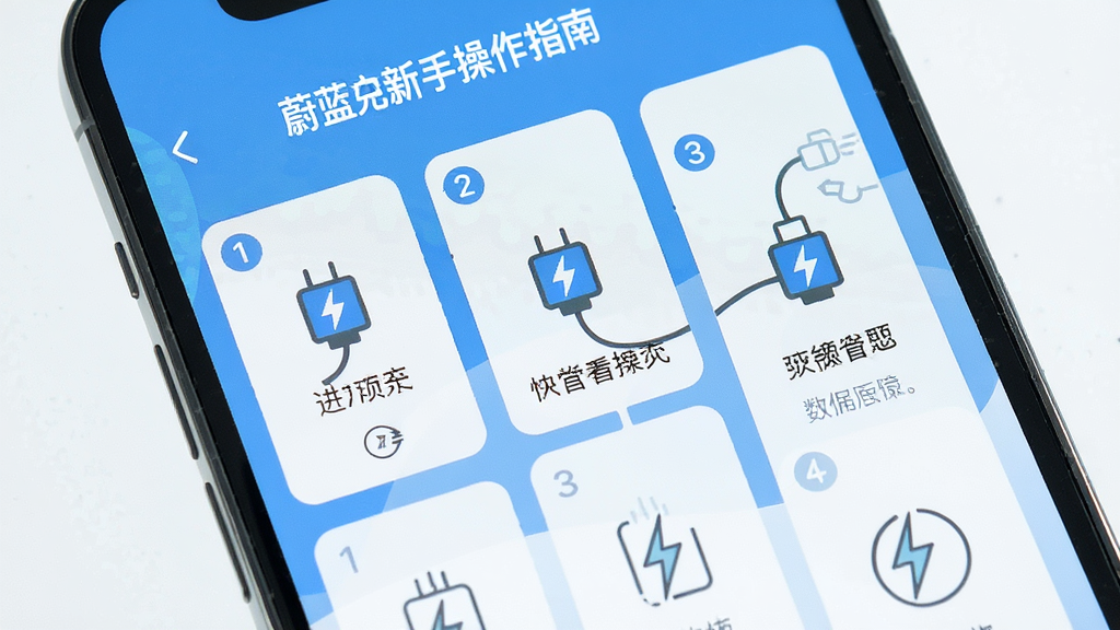 一幅展示蔚蓝快充新手操作指南的手机界面图,画面为手机屏幕显示操作步骤图示,布局为分步卡片式,风格为清新扁平风,细节包含步骤序号、图标、文字说明,画质清晰干净,无多余元素