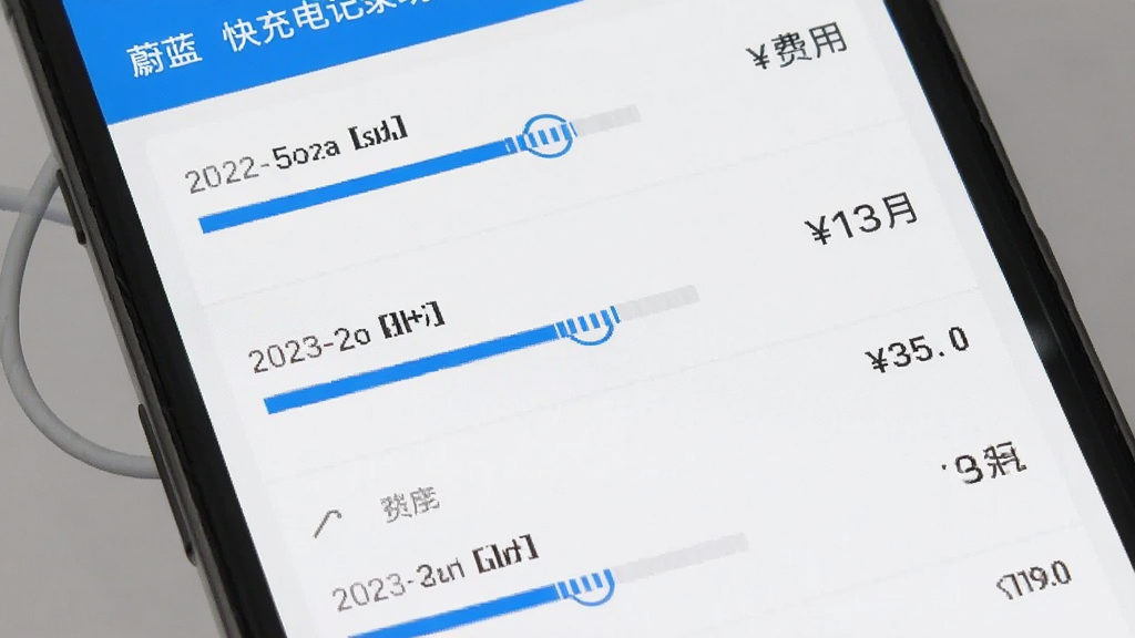 一幅展示蔚蓝快充充电记录功能的手机界面图,画面为手机屏幕特写,屏幕上以列表形式展示多次充电记录,布局为纵向列表式,风格为简约极简风,细节包含日期、电量条、费用数字,画质清晰干净,无多余元素