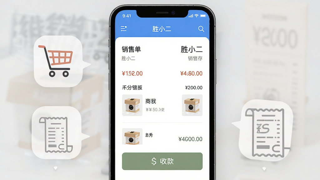 胜小二进销存软件销售开单界面展示,画面主体为手机屏幕内销售单据与收款按钮,旁边有购物车与收据图标点缀,布局左右分布,风格清爽简约,细节包含金额数字与商品缩略图,画质清晰,干净,无多余元素