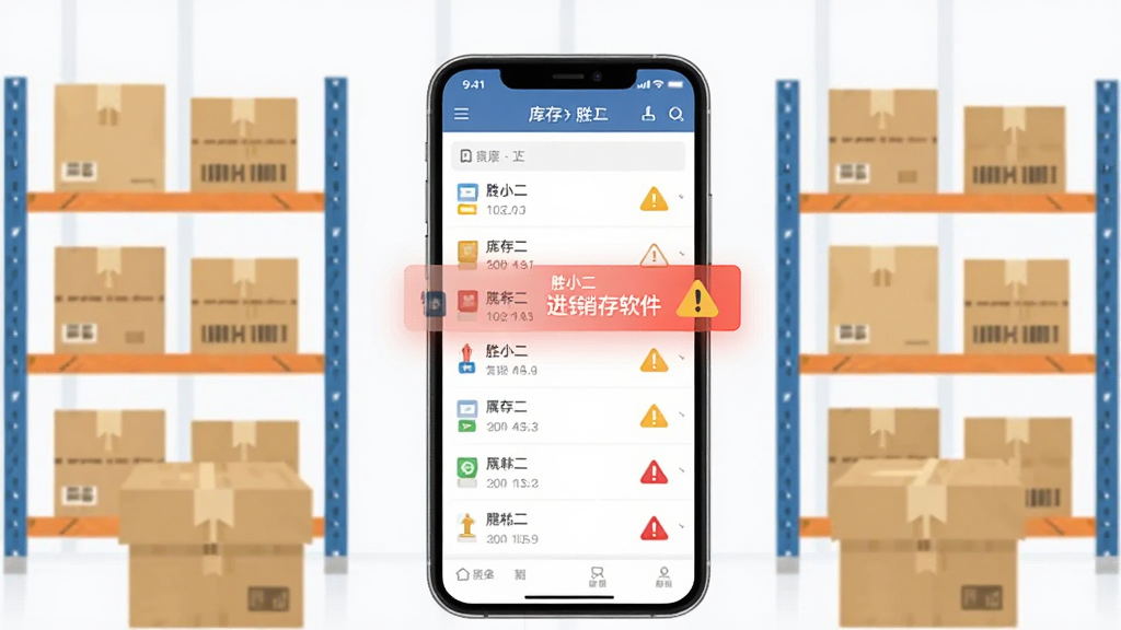 胜小二进销存软件库存管理界面展示,画面中一部手机屏幕显示库存列表与预警提示,周围环绕仓库货架与商品包装盒的简化图标,布局居中,风格扁平化商务,细节包含数字标签与警示图标,画质清晰,干净,无多余元素