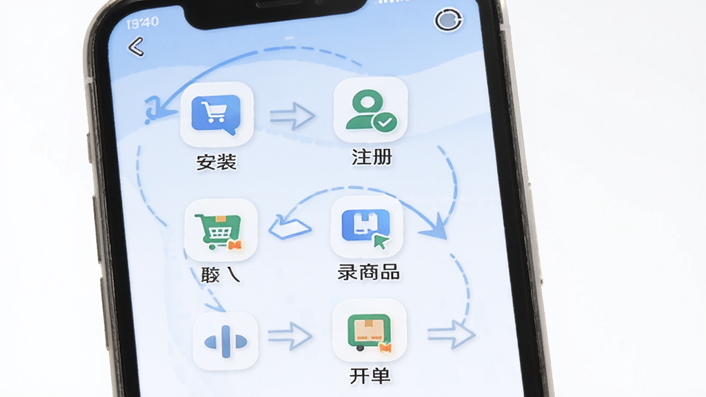 胜小二进销存软件新手操作指引示意图,画面展示手机屏幕分步骤操作流程,包含安装、注册、录入商品、开单等图标,布局纵向排列,风格清新简洁,细节包含步骤序号与箭头指引,画质清晰,干净,无多余元素
