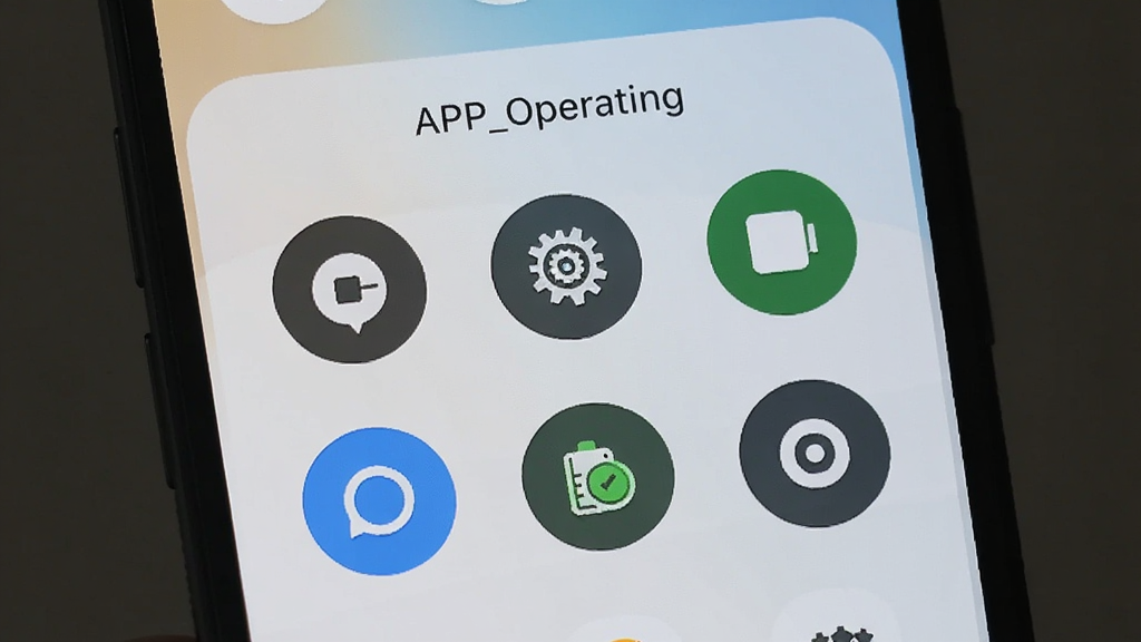 手机屏幕显示“APP_Operating”快捷操作面板,多个圆形图标整齐排列,分别代表应用管理、网络设置、电池优化等功能,背景为浅色渐变,图标风格统一,画面简洁明快,高清画质