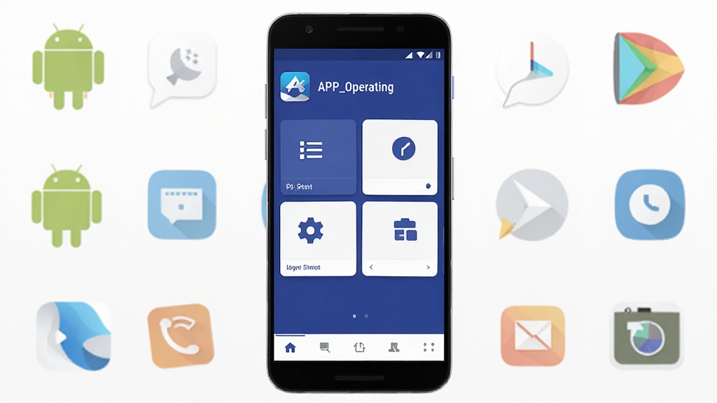 手机屏幕中央显示“APP_Operating”软件主界面,界面采用深蓝与白色搭配,顶部有应用图标和名称,中部排列功能卡片,底部为导航栏,周围环绕安卓系统元素图标,扁平化设计风格,画面干净整洁,高清画质,无多余元素
