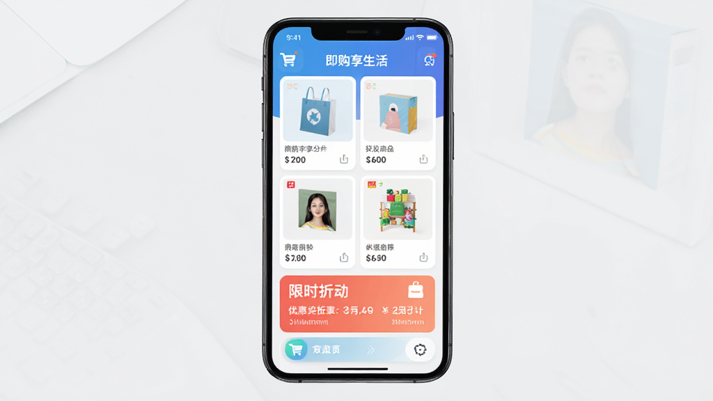 即购享生活APP主界面展示,手机屏幕中呈现商品分类与优惠活动,主体为一部竖屏智能手机,布局居中,排版简洁,风格现代清新,细节包含购物车图标与限时折扣标签,画质高清,干净,无多余元素