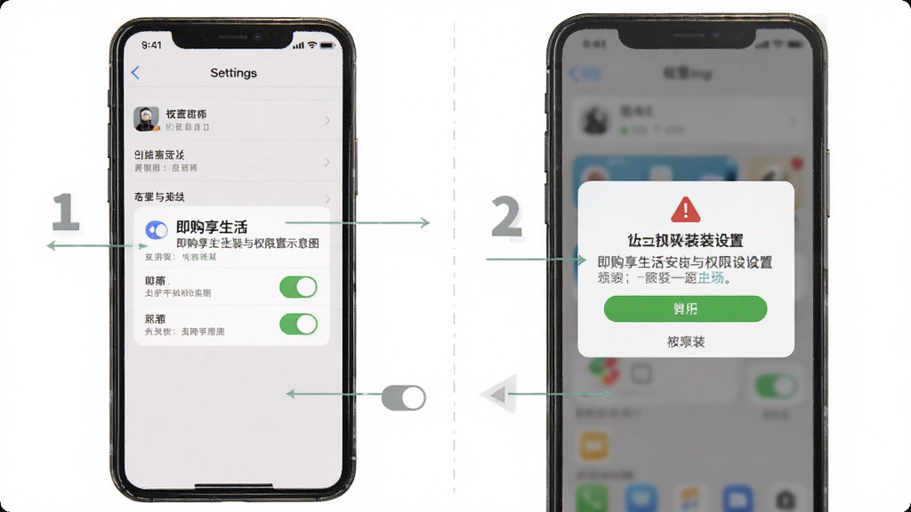 即购享生活安装与权限设置示意图,画面展示手机设置界面与安装提示弹窗,主体为手机屏幕,布局分步展示,风格说明性图文,细节包含开关按钮与警告图标,画质清晰,干净,无多余元素