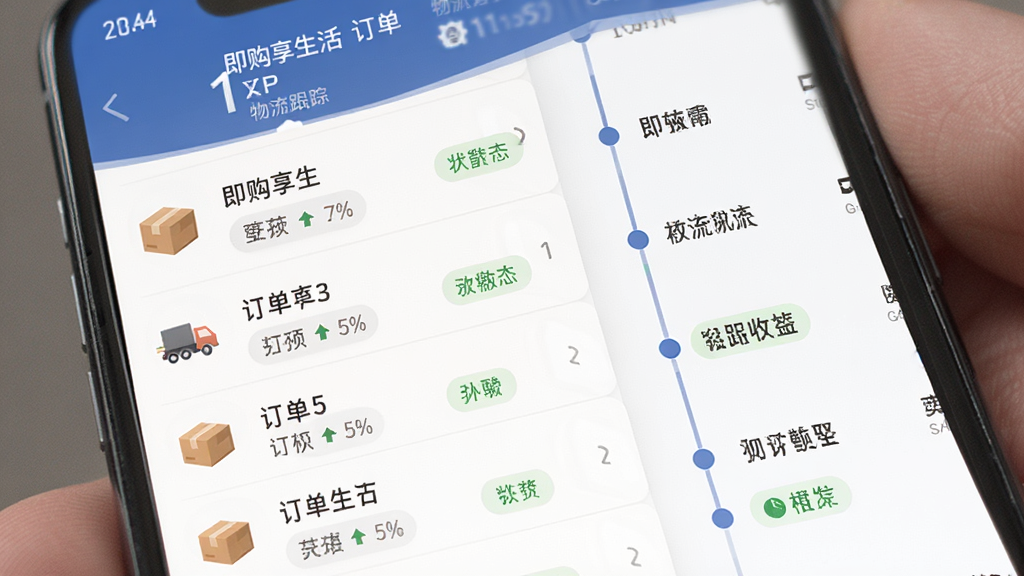 即购享生活订单物流跟踪界面,手机屏幕显示订单列表与物流时间轴,布局纵向排列,风格简约商务,细节包含包裹图标与状态标签,画质清晰,干净,无多余元素