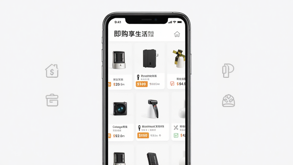 即购享生活商品聚合页面,画面中多个商品卡片整齐排列,主体为手机界面,布局采用网格排版,风格简洁明快,细节包含价格标签与分类图标,画质清晰,干净,无多余元素