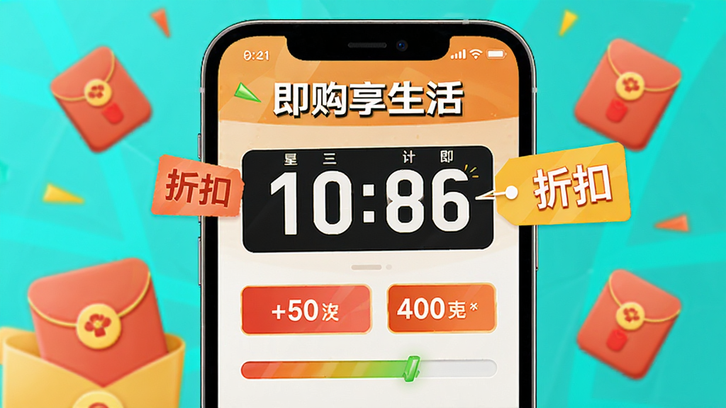 即购享生活限时优惠活动页面,画面以手机屏幕为主体,布局突出倒计时与折扣标签,风格活泼促销感,细节包含红包图标与进度条,画质高清,干净,无多余元素