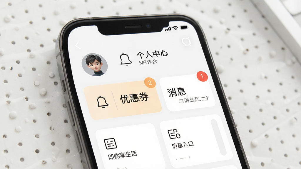 即购享生活个人中心页面,画面展示头像、优惠券与消息入口,主体为手机界面,布局模块化,风格清爽素雅,细节包含铃铛图标与数字角标,画质高清,干净,无多余元素