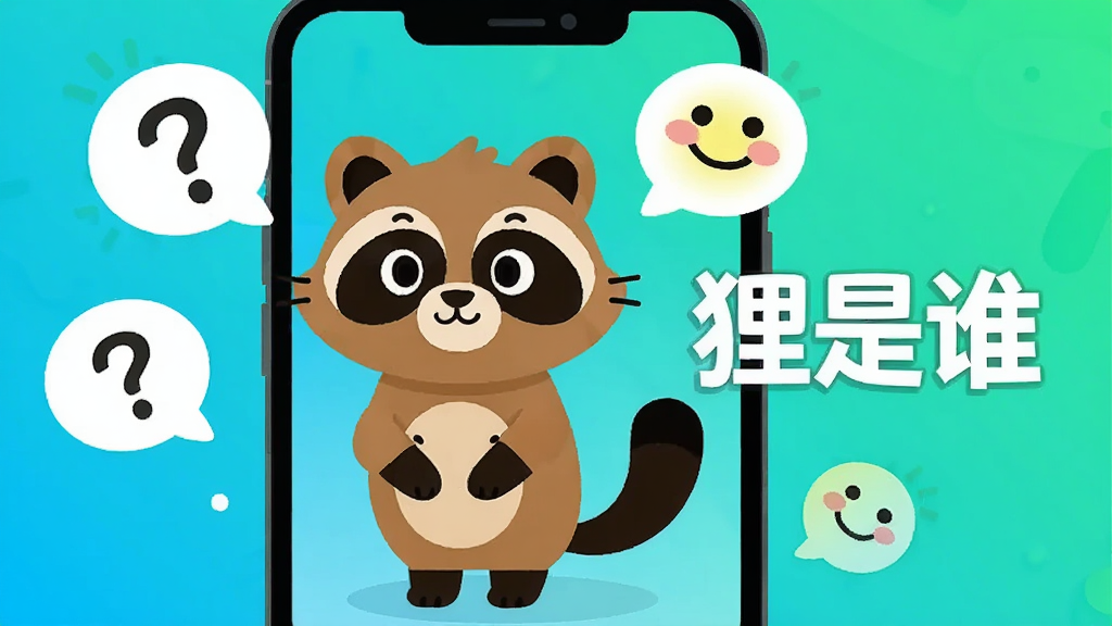 一只可爱的卡通狸猫站在手机屏幕中央,周围环绕着问号和笑脸气泡,背景是明亮的蓝绿色渐变,手机屏幕上显示“狸是谁”三个字,风格为扁平化插画,细节清晰,画质干净,无多余元素