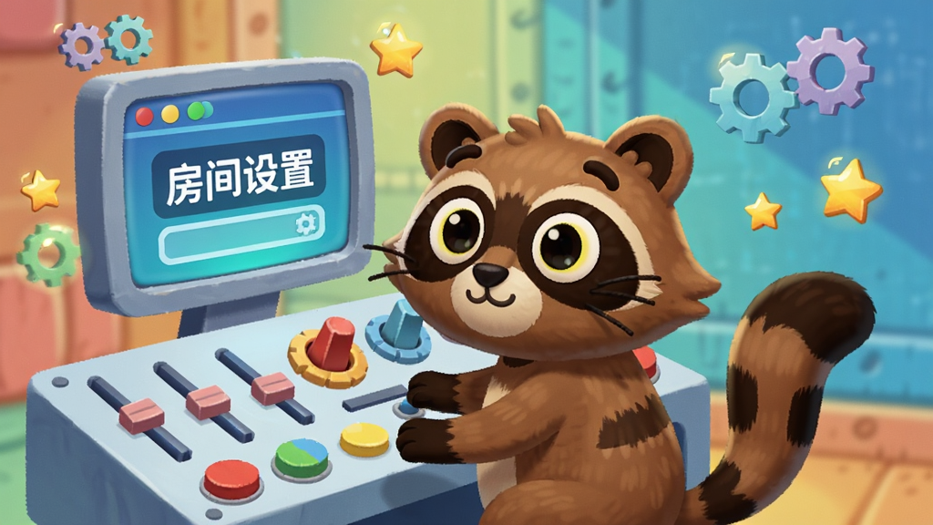 一个卡通狸猫坐在控制台前,面前有多个滑块和开关按钮,屏幕上显示“房间设置”字样,周围漂浮着齿轮和星星图标,风格为科技卡通插画,色彩鲜艳,画质精细,无多余元素