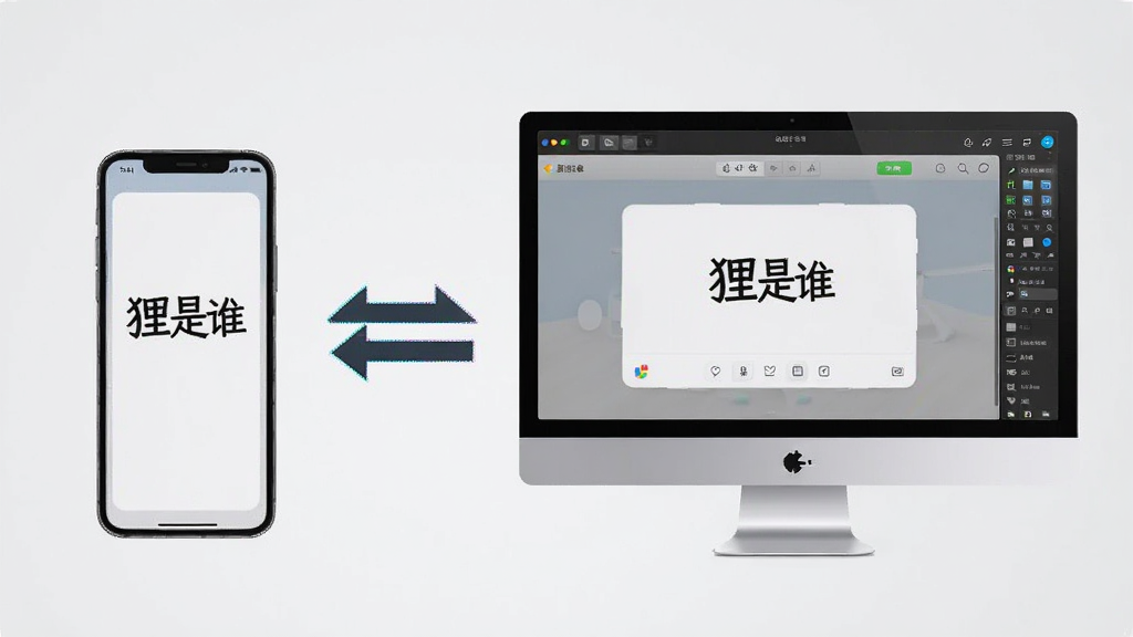 一部手机和一台电脑并排摆放,手机显示“狸是谁”移动端界面,电脑显示模拟器中的同款应用界面,中间有双向箭头连接,风格为科技对比图,背景干净,画质清晰,无多余元素