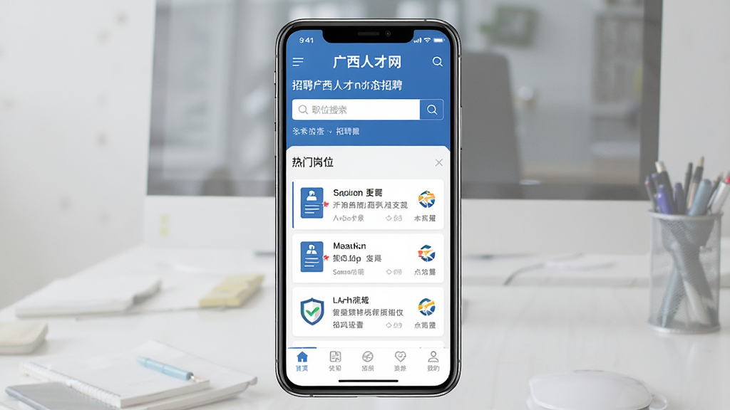 一张手机应用界面展示图,画面主体是一部智能手机,屏幕中显示广西人才网的招聘首页,包含职位搜索框、热门岗位列表和底部导航栏,布局清晰居中,排版整洁,风格为现代简约商务风,细节处有简历图标和公司logo,画质高清,画面干净,无多余元素