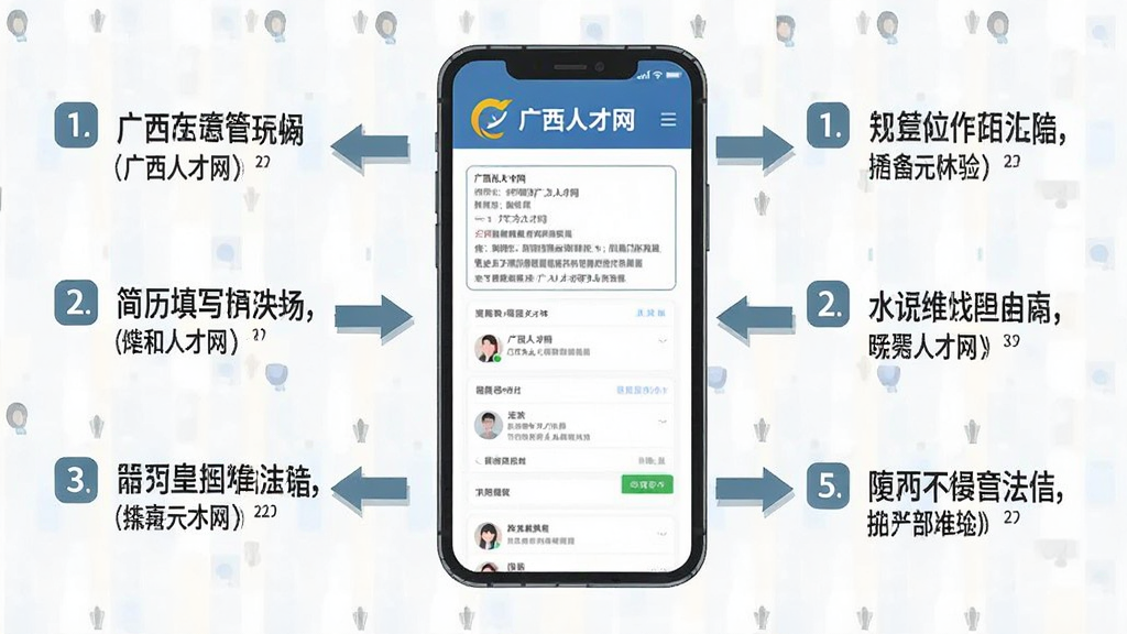 一幅AI生成的操作指引插图,画面主体是一部手机展示广西人才网的简历填写页面,旁边有箭头标注操作步骤,布局左右分栏,排版清晰,风格为扁平化教程插画,细节包含“广西人才网”字样和步骤编号,画质高清,画面干净,无多余元素
