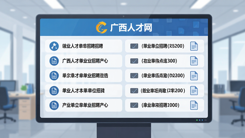 一幅AI生成的信息公告类插图,画面主体是一块数字信息展示屏,屏幕上排列着广西人才网的事业单位招聘公告标题列表,布局居中对称,排版规整,风格为现代办公场景插画,细节有“广西人才网”标志和文件图标,画质高清,画面干净,无多余元素