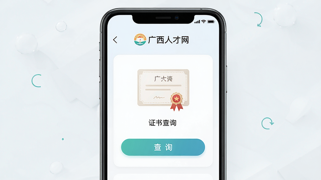 一幅AI生成的手机应用功能展示图,画面主体是手机屏幕显示广西人才网的证书查询页面,布局简洁居中,排版清晰,风格为清爽浅色系UI风格,细节包含“广西人才网”文字、证书图标和查询按钮,画质高清,画面干净,无多余元素