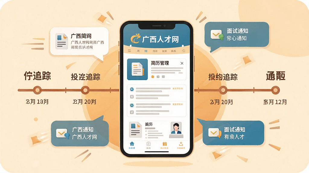 一幅AI生成的求职场景插图,画面主体是手机屏幕展示广西人才网的简历管理界面,周围环绕着投递追踪时间轴和面试通知气泡,布局以手机为中心向外延展,排版有动感,风格为温暖职场插画,细节有“广西人才网”字样和简历文档图标,画质清晰,画面干净,无多余元素