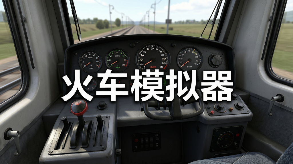 火车模拟器游戏截图,展示驾驶室内部视角,仪表盘、操纵杆、速度表清晰可见,画面中央有“火车模拟器”字样,写实风格,细节精致,画质干净清晰