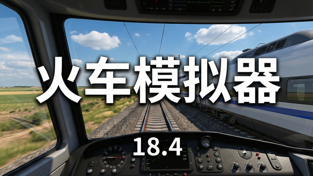 一列现代化的高速列车行驶在广阔的原野铁路上,驾驶室视角,前方是延伸至远方的铁轨,天空湛蓝,白云朵朵,画面中央用大号白色粗体字写着“火车模拟器”,下方有小字“18.4”,整体风格写实逼真,细节丰富,画质清晰干净,无多余元素