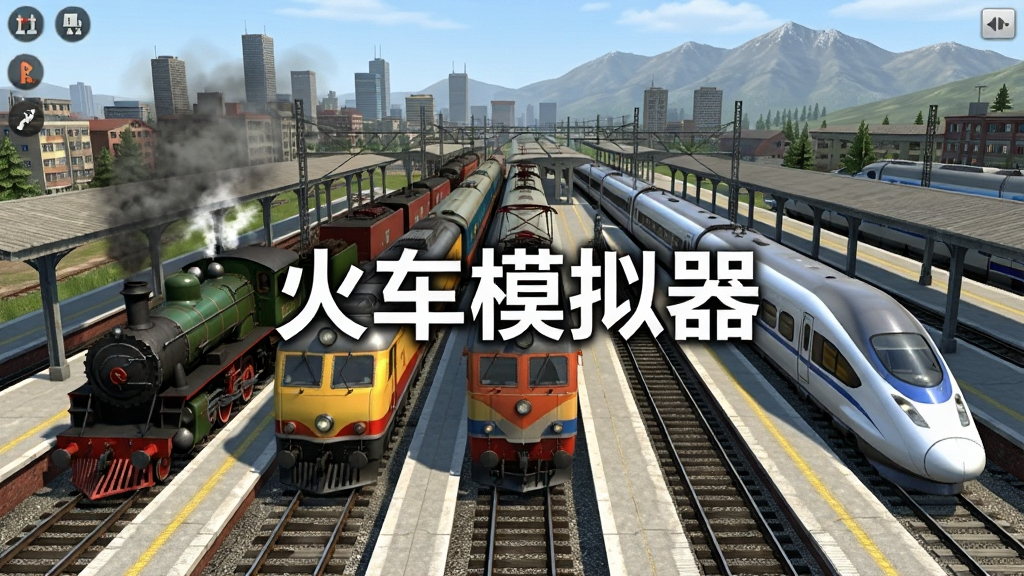 火车模拟器游戏画面,展示多列不同型号的火车停在车站轨道上,包括蒸汽机车、电力机车和高速列车,背景是城市和山脉,画面中央有“火车模拟器”文字,风格写实,画质清晰,布局整齐