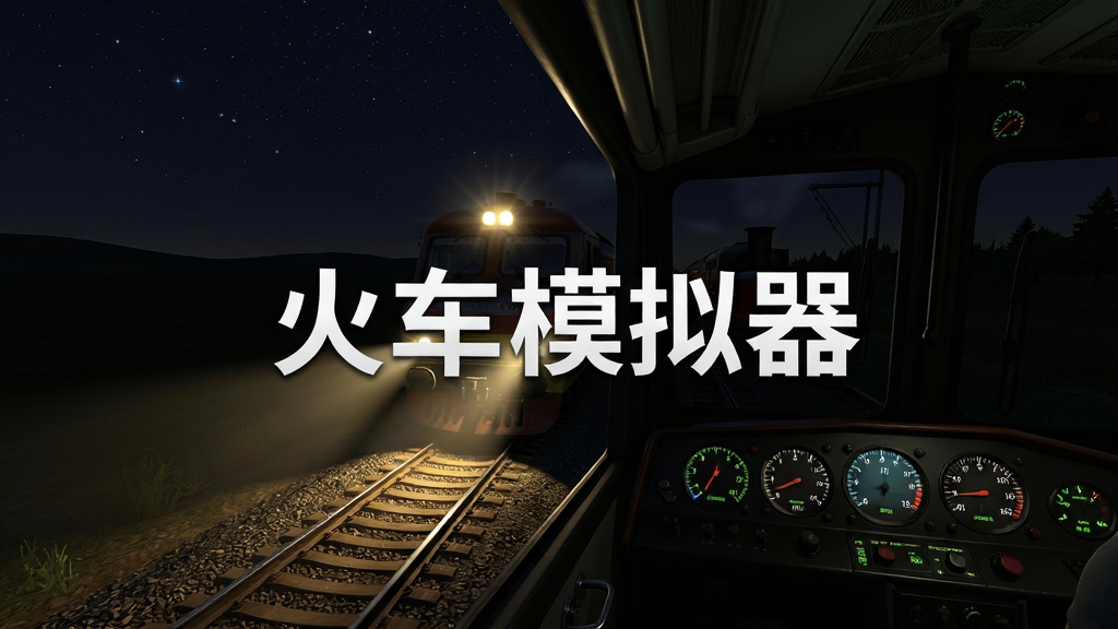 火车模拟器夜间驾驶场景,火车前照灯照亮前方铁轨,周围环境昏暗,天空有星星,驾驶室内部仪表发出微光,画面中央有“火车模拟器”字样,写实风格,细节丰富,画质干净