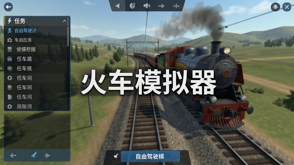 火车模拟器游戏界面截图,展示任务列表和自由驾驶模式选择界面,背景是火车轨道和风景,画面中央有“火车模拟器”文字,界面简洁清晰,风格现代