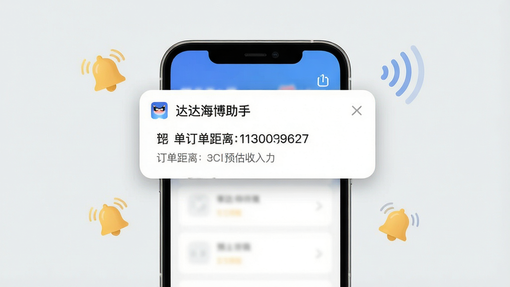 AI生图,画面中心是一部手机,手机顶部弹出“达达海博助手”的新订单通知横幅,通知中包含订单距离和预估收入信息,手机周围有铃铛和声波图标表示提醒功能,背景为浅灰色,布局为居中构图,风格为简洁UI展示,细节包括通知卡片的圆角和阴影,画质清晰,干净,无多余元素