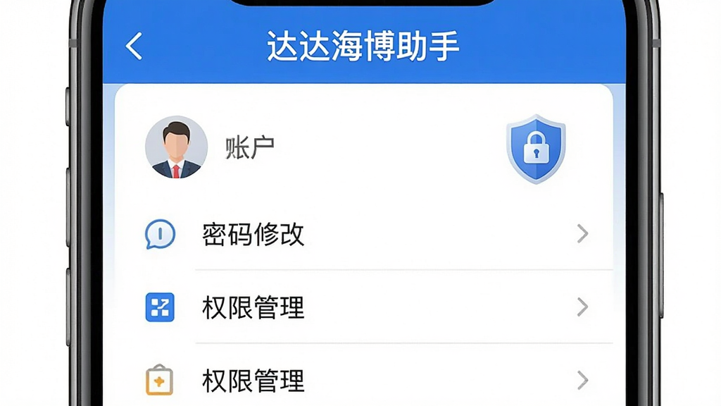 AI生图,画面展示一个手机安全设置界面,界面顶部有“达达海博助手”文字,中部有账户头像、密码修改、权限管理等选项列表,右侧有盾牌和锁的图标象征安全,布局为列表式排版,风格为简约商务,细节包括选项图标和分割线,画质干净清晰,无多余元素