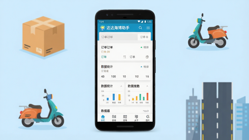 软件全貌展示图,画面中央放置一部安卓手机,手机屏幕上显示“达达海博助手”应用主界面,界面中包含订单列表、数据统计卡片和底部导航栏,背景为浅蓝色渐变,周围环绕着配送箱、电动车和城市道路的简笔图标,整体风格扁平化,色彩明快,细节清晰,画质干净,无多余元素
