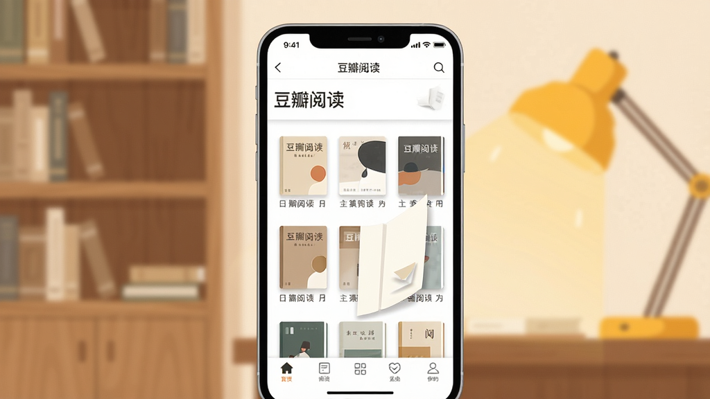 一幅竖版手机应用场景插画,画面中央是一部现代智能手机,屏幕内展示着「豆瓣阅读」电子书阅读界面,书架上排列着多本封面简约的电子书,背景是柔和的书房环境,有木质书架和暖黄色台灯光线,主体突出手机与阅读界面,布局上手机居中、背景虚化,风格为清新文艺的扁平插画,细节包括书页翻动效果、顶部状态栏、底部导航栏图标,画质高清、干净、无多余元素,画面中出现的文字为「豆瓣阅读」