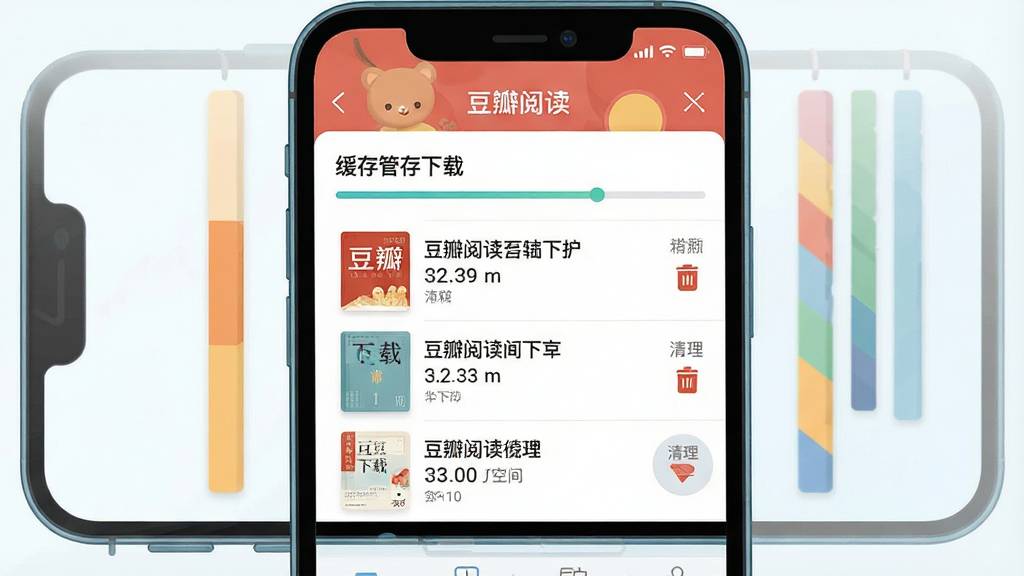 一张手机存储管理界面插画,画面中一部手机显示「豆瓣阅读」的缓存管理页面,有已下载书籍列表和清理按钮,主体是手机与存储条,布局为上下结构,风格为清爽浅色扁平风,细节包括进度条、删除图标、剩余空间数字,画质高清、干净、无多余元素,文字标注「豆瓣阅读」