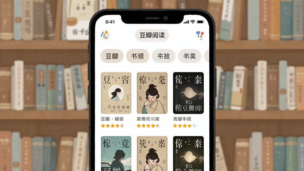 一张展示「豆瓣阅读」书库分类的界面截图风格插画,画面为手机屏幕内呈现多个图书分类标签和书籍封面网格,主体是手机与书架,布局采用中心对称,风格为干净简约的UI展示图,细节包含分类图标、书籍封面、评分星级,画质清晰、无杂乱元素,文字标注「豆瓣阅读」