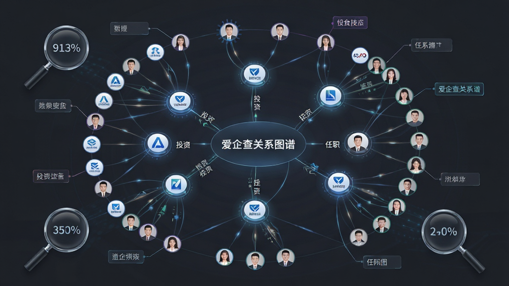画面主体为企业关系图谱网络图,节点为企业图标和人物头像,连线表示投资和任职关系,布局为图谱占据画面中心,周围有放大镜和数据标签,排版呈网状发散,风格为数据可视化科技风,细节上节点有高亮光效,背景为深灰色,画质高清无多余元素,图片中文字标注“爱企查关系图谱”