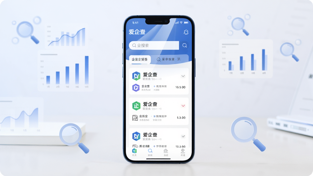 画面主体为一部智能手机,屏幕显示爱企查应用界面,界面中包含企业搜索框和多家企业信息卡片,布局为手机居中放置于浅色桌面,四周环绕半透明的数据图表和放大镜图标,排版简洁清晰,风格为现代科技感扁平化设计,细节上手机屏幕有轻微反光效果,背景为柔和的蓝白渐变,画质高清干净无多余元素,图片中文字标注“爱企查”