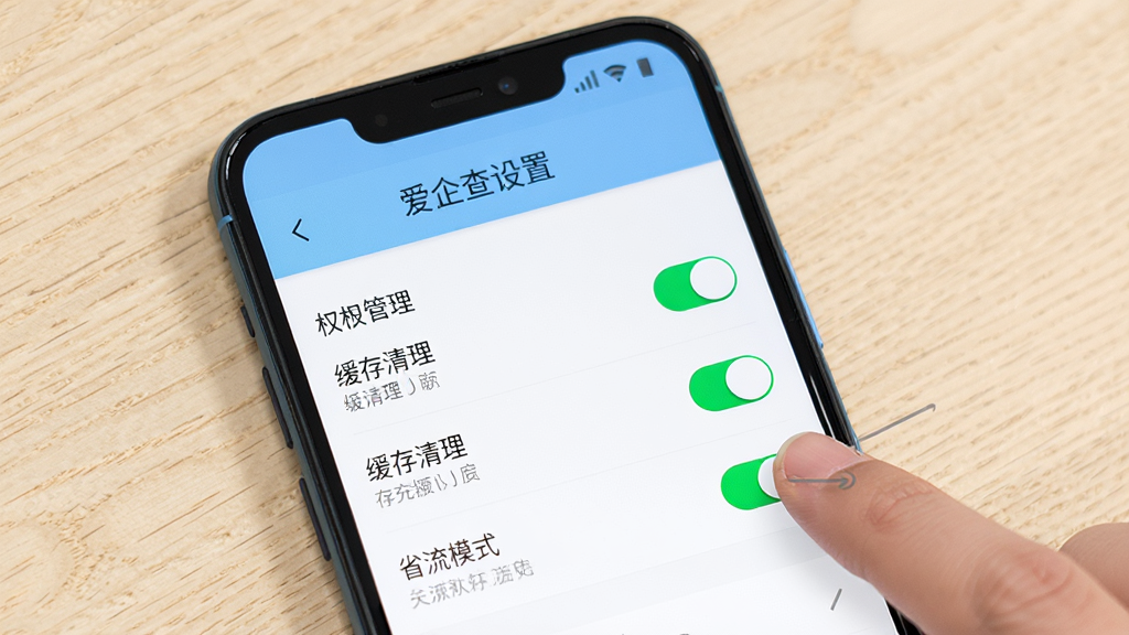 画面主体为一部安卓手机显示爱企查App的设置页面,页面中包含权限管理、缓存清理、省流模式等选项,布局为手机屏幕占画面主体,旁边有手指点击开关的示意,排版简洁,风格为手机UI界面展示风格,细节上开关按钮有绿色高亮,背景为浅色木纹桌面,画质高清干净,图片中文字标注“爱企查设置”