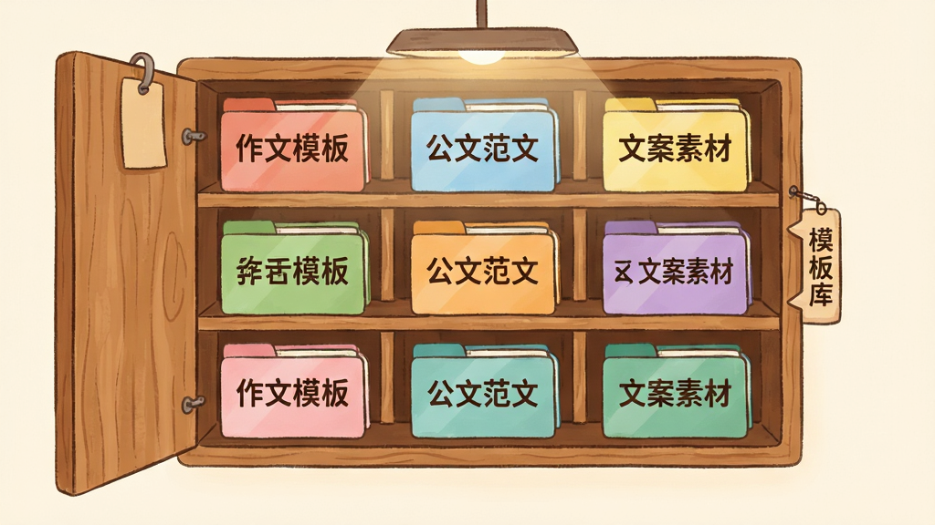 一张展示光速写作素材与模板库的插画,画面主体是一个打开的虚拟书架,书架上排列着不同颜色的模板卡片,卡片上标注着“作文模板”“公文范文”“文案素材”等字样,布局为整齐的网格陈列,风格为温暖清新的手绘扁平风,细节包含木质书架纹理、柔和灯光、分类标签,画质高清,画面干净,无多余元素。