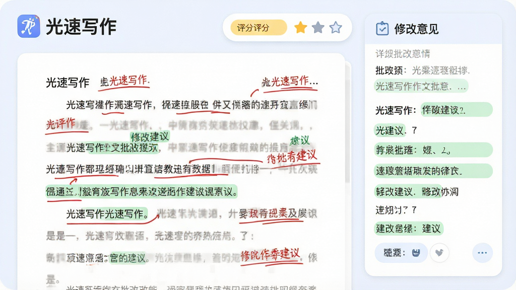 一张展示光速写作作文批改功能的界面截图风格插画,画面主体是一篇带有红色批注和修改建议的文章页面,页面顶部有“光速写作”标识,旁边有评分星级和修改意见面板,布局为左右分栏,左侧为原文,右侧为批改详情,风格为清爽的教育类扁平设计,细节包含红色下划线、绿色建议高亮、圆角卡片,画质清晰,画面干净,无多余元素。