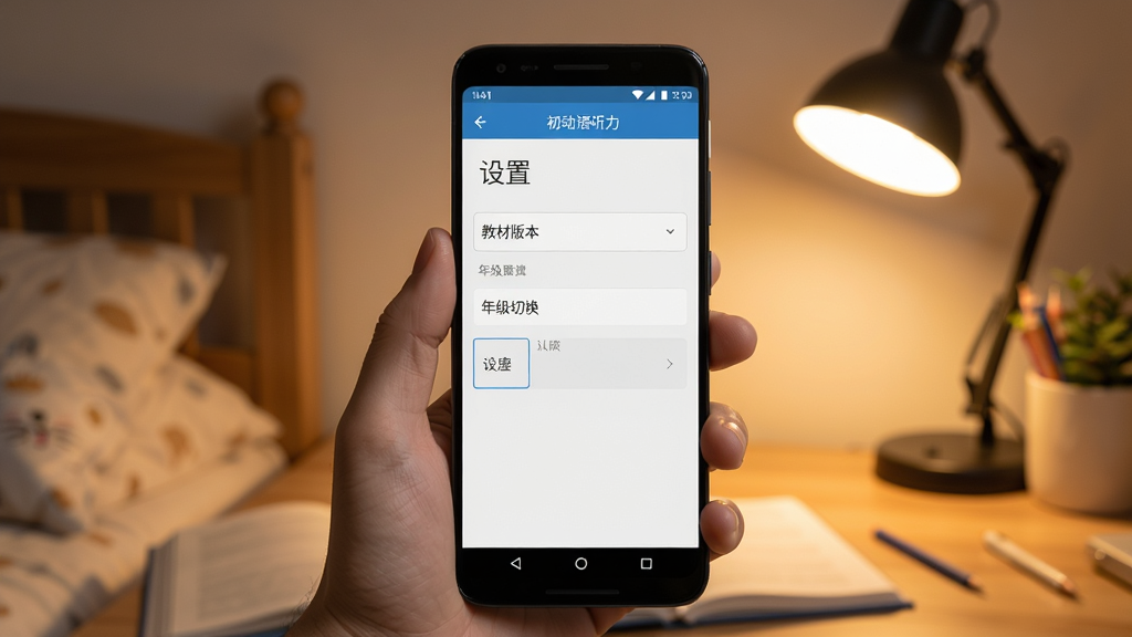 初中英语听力移动端使用操作示意图,画面中央为一只手持安卓手机,手机屏幕内展示初中英语听力应用的设置页面,显示教材版本选择与年级切换选项,背景为温馨的卧室书桌场景,台灯柔和照明,风格生活化写实,画面干净无多余元素,高清画质。