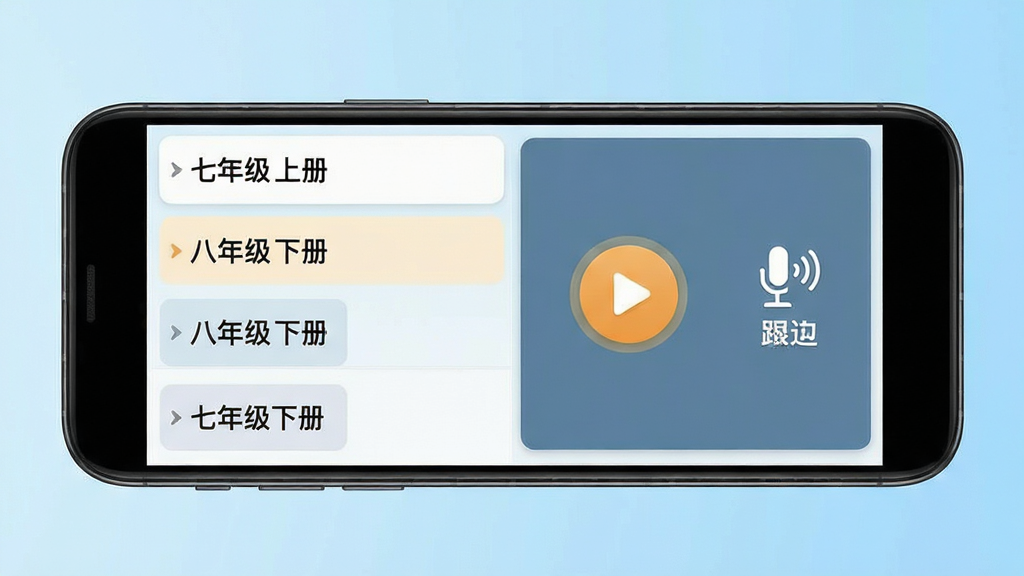 初中英语听力软件教材同步功能展示图,画面主体为一部安卓手机屏幕特写,屏幕内展示着初中英语听力应用的单元列表页面,左侧标注七年级上册、八年级下册等教材目录,右侧呈现音频播放按钮与跟读录音图标,背景为浅蓝色渐变,风格简洁现代,画面干净无多余元素,高清画质。
