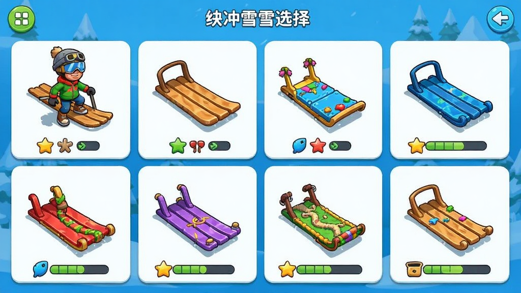 雪橇冲浪手角色与雪橇选择界面,主体为多个卡通角色和不同款式的雪橇排列展示,布局采用网格陈列,排版清晰分类,风格为明亮活泼的UI风格,细节包括角色服饰差异、雪橇颜色与装饰、属性图标、解锁进度条,画质高清干净,无多余元素。