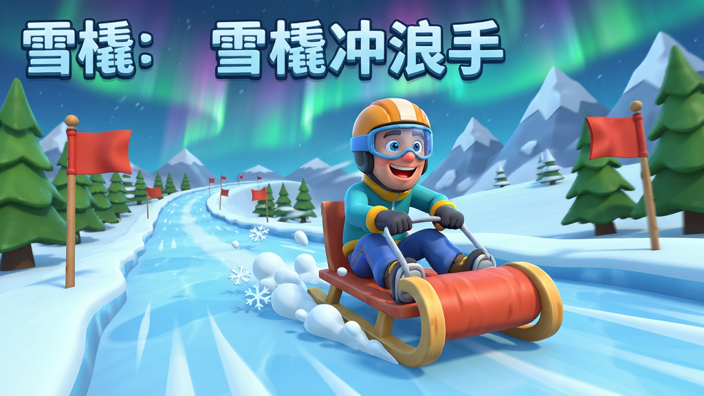 雪橇冲浪手游戏主界面展示,主体为一辆卡通雪橇在冰雪赛道上高速滑行,背景是极光与雪山,布局采用横向赛道延伸构图,排版突出速度感与动感线条,风格为3D卡通渲染,细节包括飞溅的雪花、角色欢快表情、赛道两侧的松树与旗门,画质高清干净,无多余元素,画面中带有“雪橇冲浪手”文字标题。