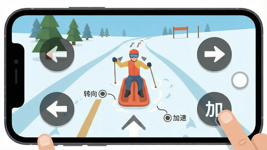 雪橇冲浪手新手操作示意图,主体为手机屏幕中显示雪橇滑行画面与虚拟按键,布局采用手机正面视角,排版突出左右转向按钮与加速键,风格为扁平化教学图解,细节包括手指触控位置、赛道指示箭头、文字标注“转向”“加速”,画质清晰干净,无多余元素。