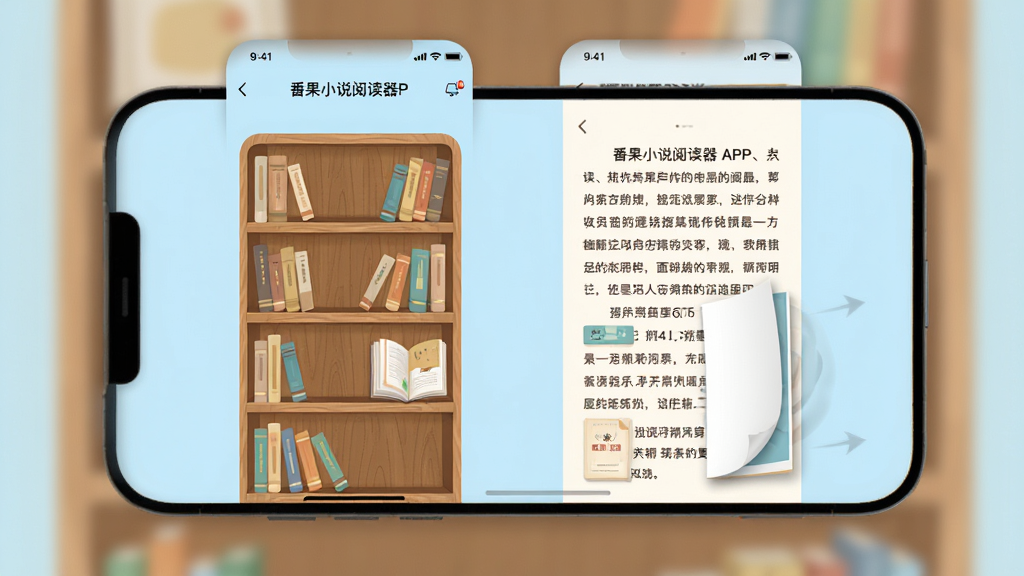 主体是番果小说阅读器APP界面展示,布局为手机屏幕居中悬浮,排版呈现书架与阅读页双屏对比,风格为清新简约的扁平化设计,细节包括淡蓝色背景、木质书架纹理、翻页动画效果、字体清晰锐利,画质高清干净无多余元素