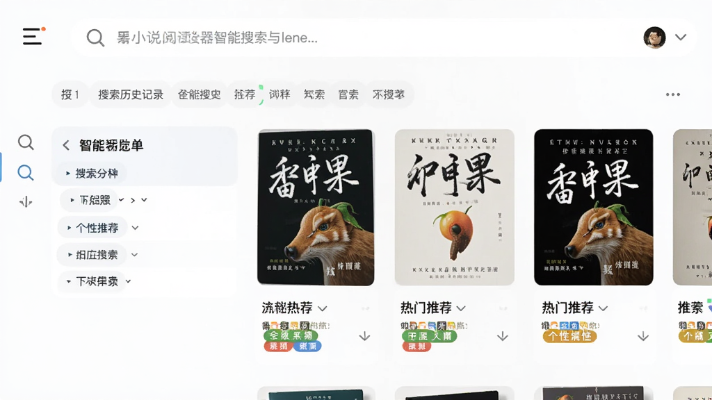主体是番果小说阅读器智能搜索与推荐页面,布局为顶部搜索框与下方推荐书单,排版展示搜索联想词与热门推荐卡片,风格为现代简约风格,细节包括放大镜图标、搜索历史记录、个性化推荐标签,画质高清干净无多余元素