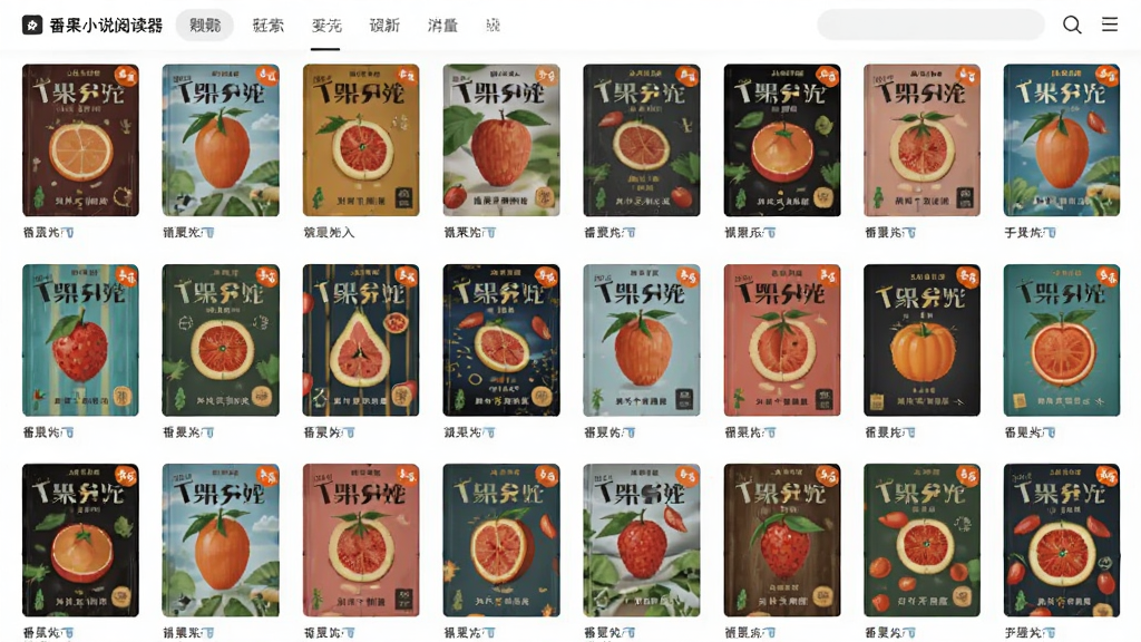 主体是番果小说阅读器海量书库界面,布局为网格状书籍封面排列,排版整齐有序分为多个题材分类标签,风格为现代扁平化设计,细节包括丰富的彩色书籍封面、分类导航栏、搜索图标、更新角标,画质高清干净无多余元素