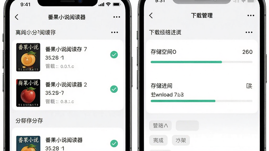 主体是番果小说阅读器离线缓存与书架管理界面,布局为手机屏幕左侧书架列表右侧下载管理,排版清晰展示已缓存书籍与下载进度条,风格为清爽浅色设计,细节包括下载完成勾选标记、存储空间显示、分组标签,画质高清干净无多余元素