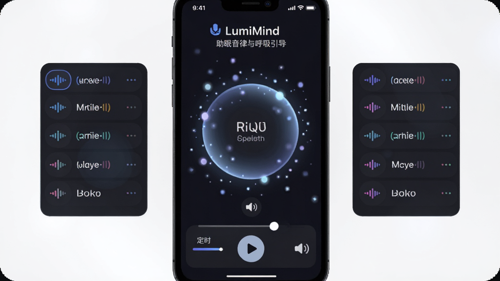 LumiMind��������������������棬����Ϊ�ֻ���Ļ����������Ϊ����ԲȦ����������Ϊ����ѡ���б����ײ�Ϊ��ʱ���û��飬�Ű�Գ�ʽ�����Ϊ��ɫ����ģʽ���������Ч����ϸ�ڰ��������������֡�����ͼ�ꡢ���Ű�ť�����������ɾ��޶���Ԫ��