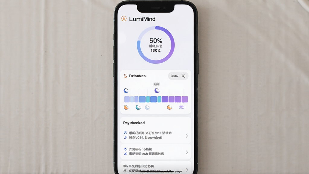 LumiMind˯�߽׶η�������ҳ�棬����Ϊ�ֻ���Ļ�����ֶ���Ϊ˯��������Բ��ͼ���в�Ϊ��˯�߽׶�ɫ��ʱ���ᡢ�ײ�Ϊ���ֽ����б����Ű�����Ƭʽ�����Ϊ���ǳɫ���������Ͻ���ͼ����ϸ�ڰ����ٷֱ����֡��׶�ͼ�ꡢ�����л��������������ɾ��޶���Ԫ��