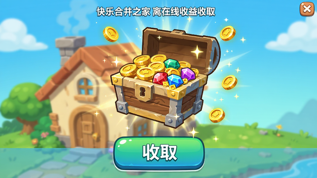 快乐合并之家离线收益收取界面,展示一个装满金币和宝石的宝箱悬浮在房屋上方,周围有闪烁的光效,下方有一个醒目的收取按钮,画面风格卡通明快,画质干净,无多余元素