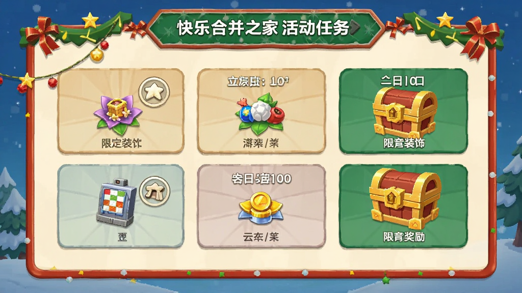 快乐合并之家活动任务面板截图,展示一个带有节日氛围的活动界面,上面列出了多个任务目标和对应奖励,包括限定装饰和金币宝箱,界面设计活泼,画质干净,无多余元素